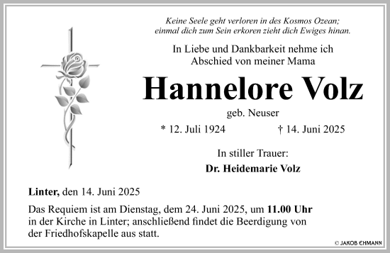 Traueranzeige von Hannelore Volz von Nassauische Neue Presse