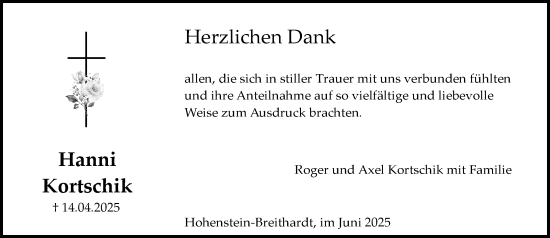 Traueranzeige von Hanni Kortschik von Wiesbadener Kurier