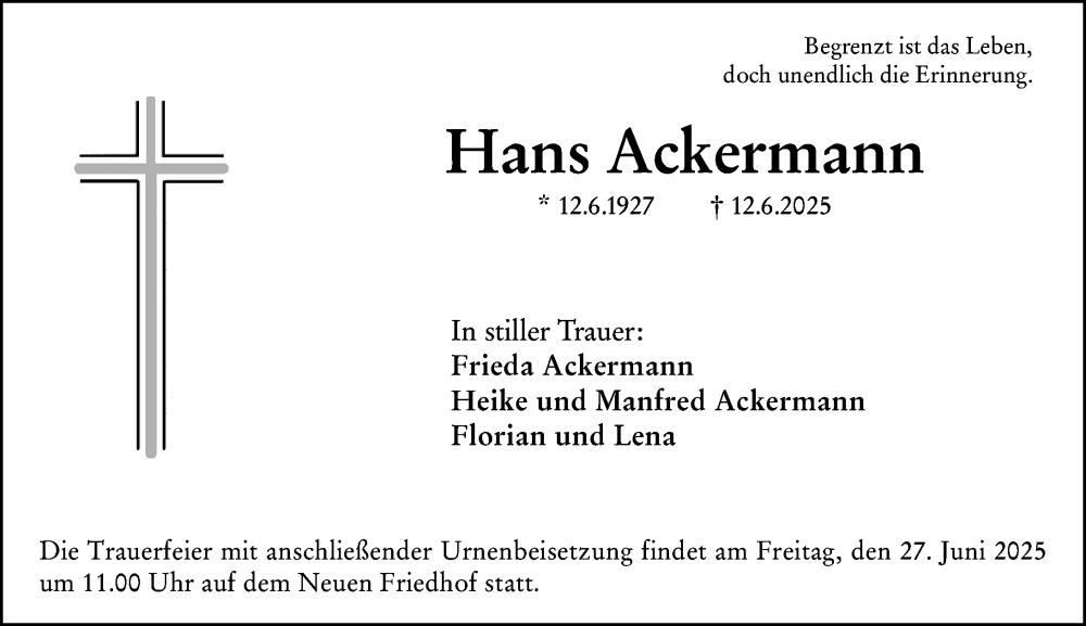  Traueranzeige für Hans Ackermann vom 27.06.2025 aus Hochheimer Zeitung
