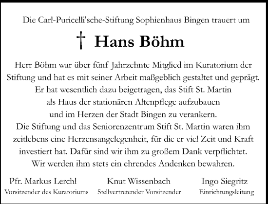 Traueranzeige von Hans Böhm von Allgemeine Zeitung Rheinhessen-Nahe