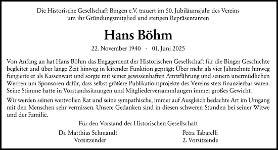 Traueranzeige von Hans Böhm von Allgemeine Zeitung Rheinhessen-Nahe