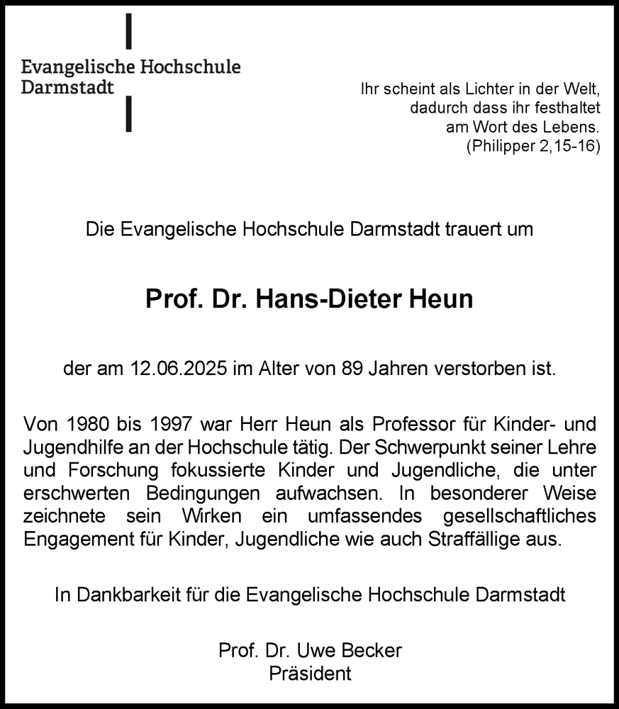 Traueranzeige für Hans-Dieter Heun vom 28.06.2025 aus Darmstädter Echo
