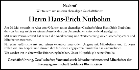 Traueranzeige von Hans-Erich Nutbohm von Allgemeine Zeitung Rheinhessen-Nahe