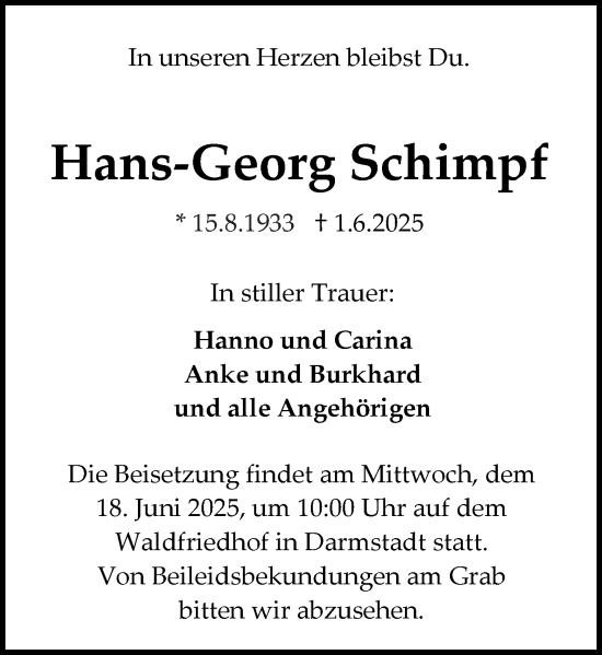 Traueranzeige von Hans-Georg Schimpf von Darmstädter Echo