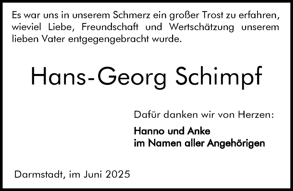 Traueranzeige für Hans-Georg Schimpf vom 28.06.2025 aus Darmstädter Echo