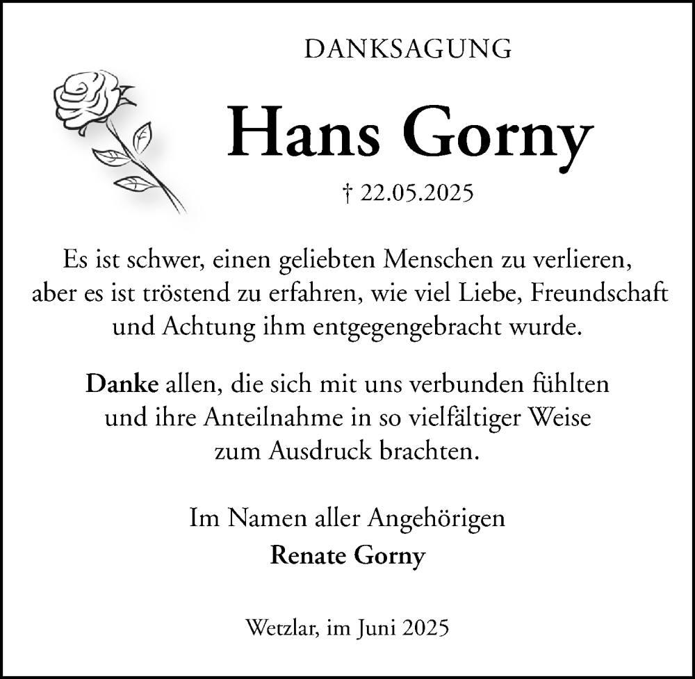  Traueranzeige für Hans Gorny vom 21.06.2025 aus Wetzlarer Neue Zeitung