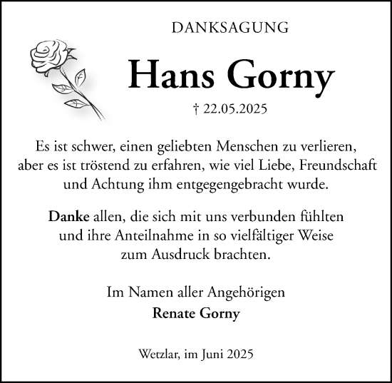 Traueranzeige von Hans Gorny von Wetzlarer Neue Zeitung