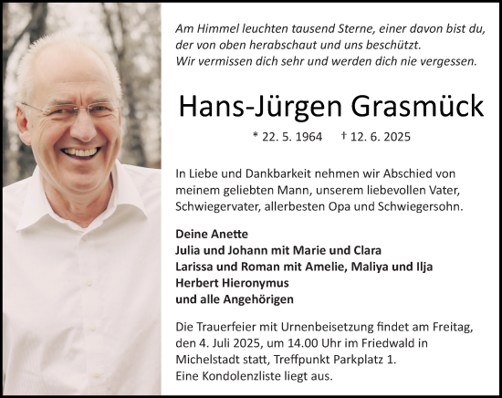 Traueranzeige von Hans-Jürgen Grasmück von Odenwälder Echo