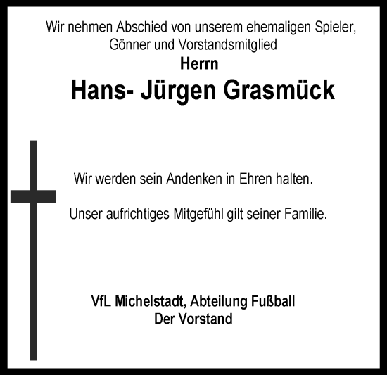 Traueranzeige von Hans-Jürgen Grasmück von Odenwälder Echo