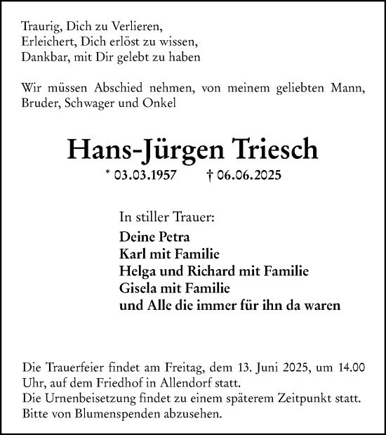 Traueranzeige von Hans-Jürgen Triesch von Dill Block
