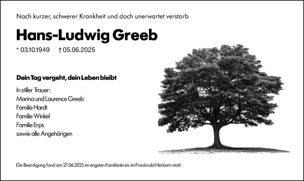  Traueranzeige für Hans-Ludwig Greeb vom 30.06.2025 aus Dill Block