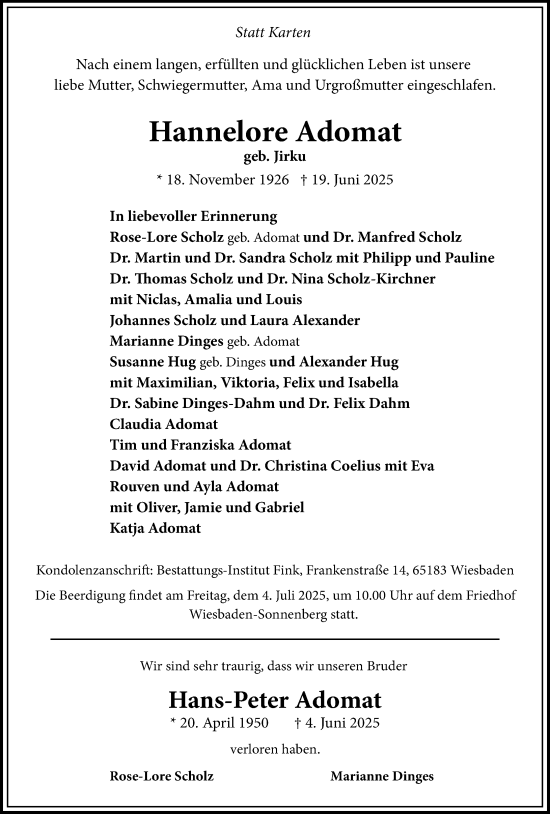Traueranzeige von Hans-Peter Adomat von Wiesbadener Kurier