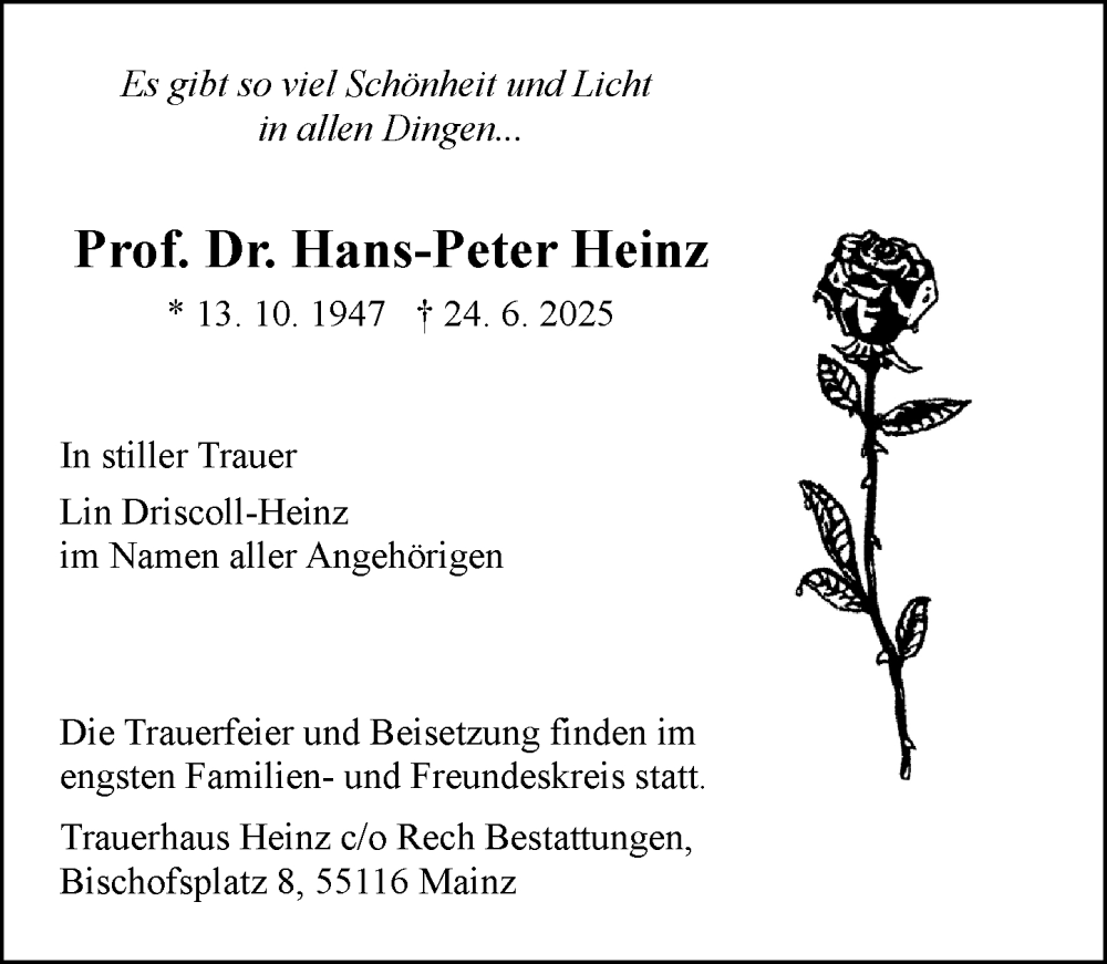  Traueranzeige für Hans-Peter Heinz vom 28.06.2025 aus Allgemeine Zeitung Mainz