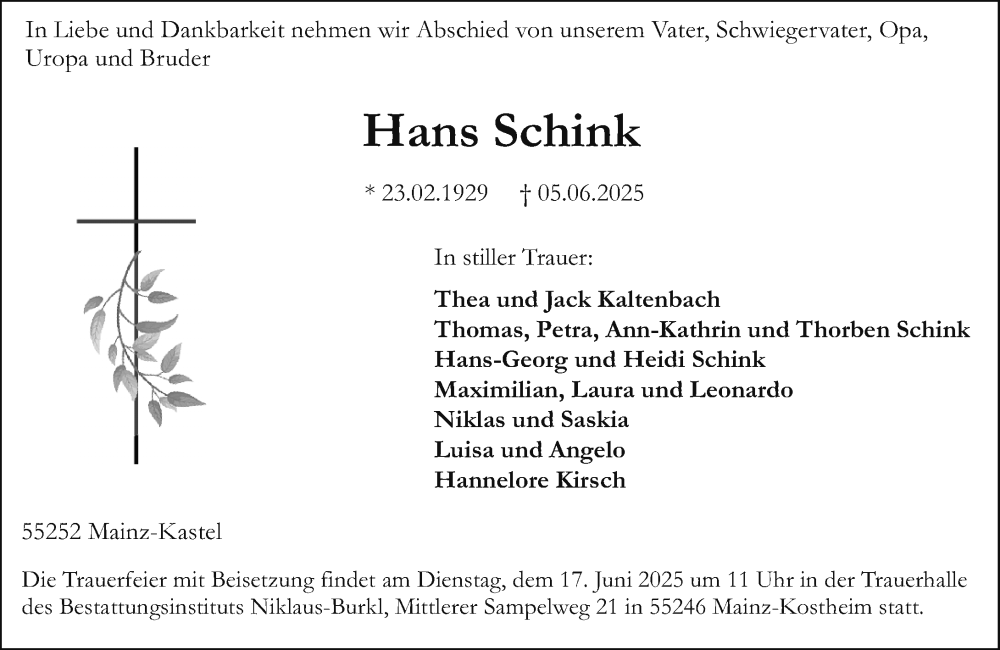  Traueranzeige für Hans Schink vom 14.06.2025 aus Allgemeine Zeitung Mainz