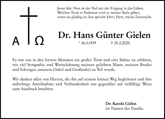 Traueranzeige von Hans Günter Gielen von Allgemeine Zeitung Mainz
