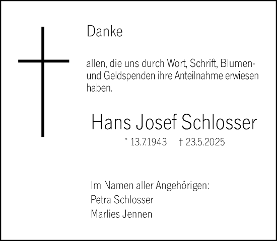 Traueranzeige von Hans Josef Schlosser von Hochheimer Zeitung