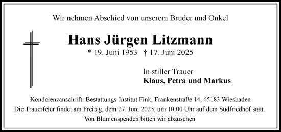 Traueranzeige von Hans Jürgen Litzmann von Wiesbadener Kurier