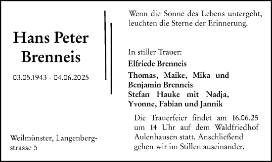 Traueranzeige von Hans Peter Brenneis von Weilburger Tageblatt