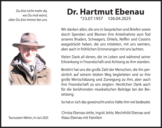 Traueranzeige von Hartmut Ebenau von Wiesbadener Kurier