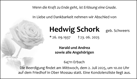 Traueranzeige von Hedwig Schork von Odenwälder Echo