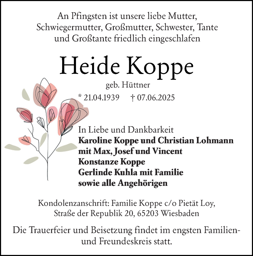  Traueranzeige für Heide Koppe vom 21.06.2025 aus Wiesbadener Kurier