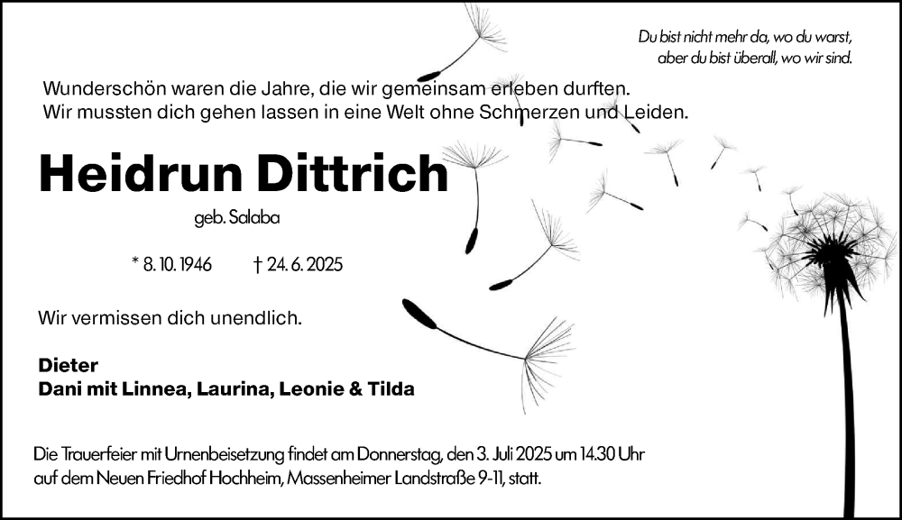  Traueranzeige für Heidrun Dittrich vom 27.06.2025 aus Hochheimer Zeitung