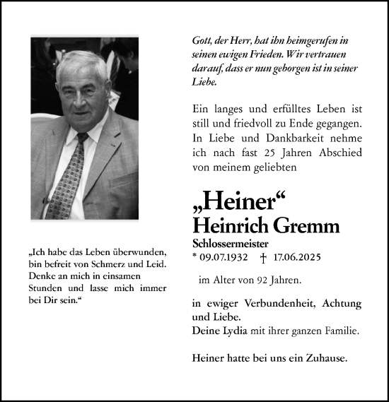 Traueranzeige von Heinrich Gremm von Groß-Gerauer Echo