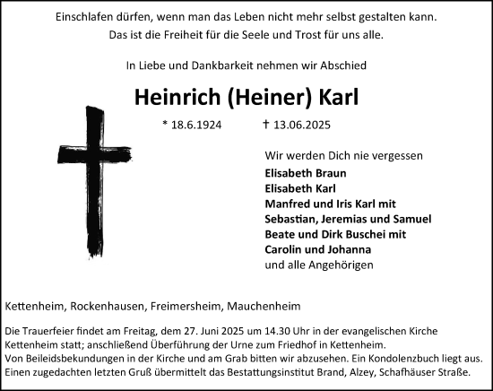 Traueranzeige von Heinrich Karl von Allgemeine Zeitung Alzey