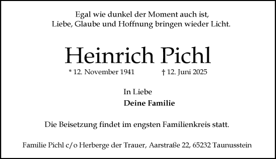 Traueranzeige von Heinrich Pichl von Wiesbadener Kurier