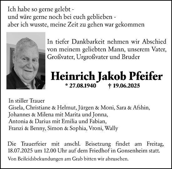 Traueranzeige von Heinrich Jakob Pfeifer von Allgemeine Zeitung Mainz