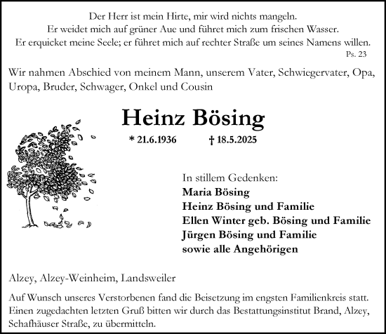 Traueranzeige von Heinz Bösing von Allgemeine Zeitung Alzey