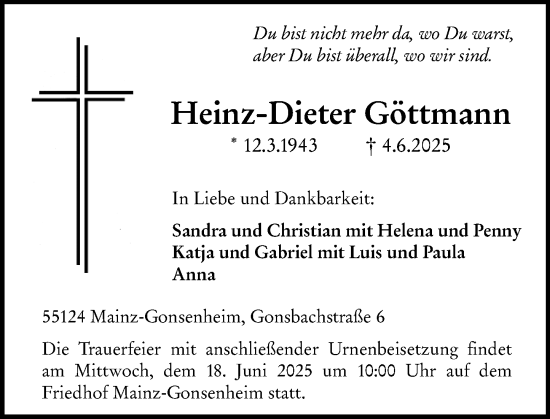Traueranzeige von Heinz-Dieter Göttmann von Allgemeine Zeitung Mainz