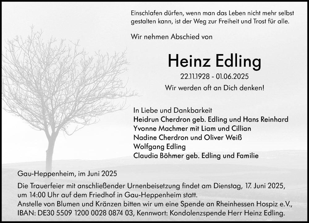  Traueranzeige für Heinz Edling vom 07.06.2025 aus Allgemeine Zeitung Alzey
