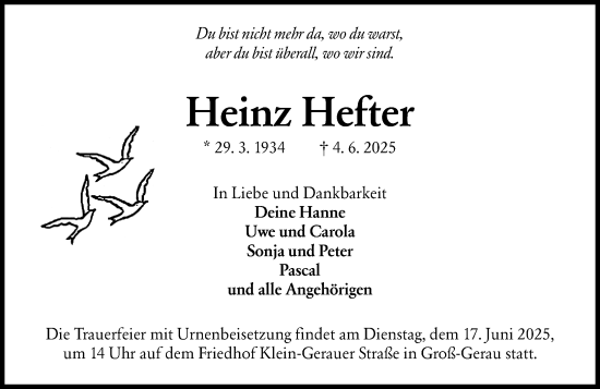 Traueranzeige von Heinz Hefter von Groß-Gerauer Echo