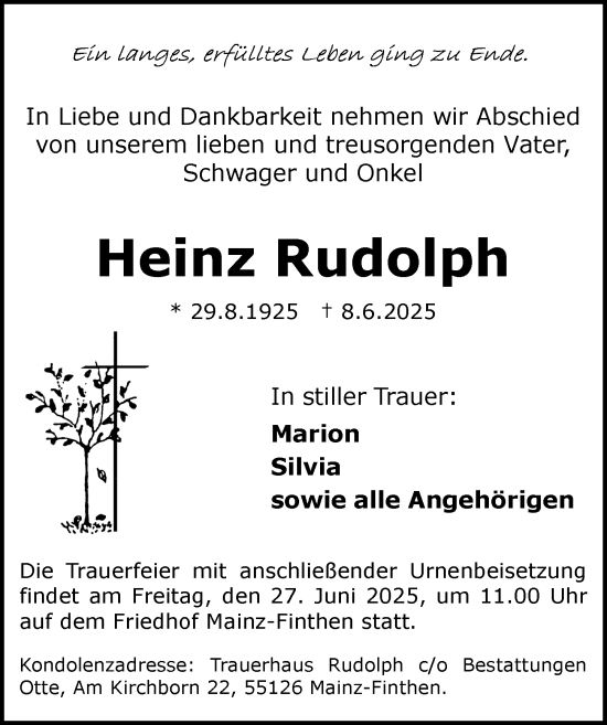 Traueranzeige von Heinz Rudolph von Allgemeine Zeitung Mainz