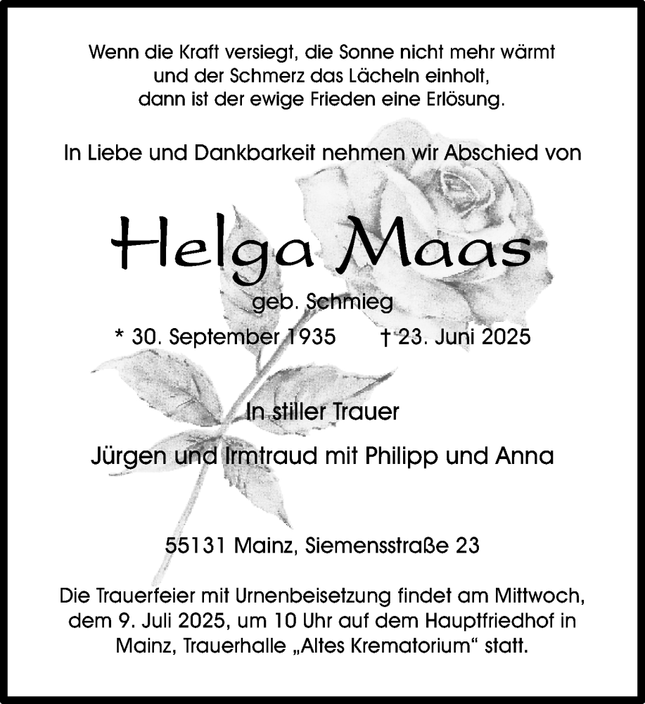  Traueranzeige für Helga Maas vom 28.06.2025 aus Allgemeine Zeitung Mainz