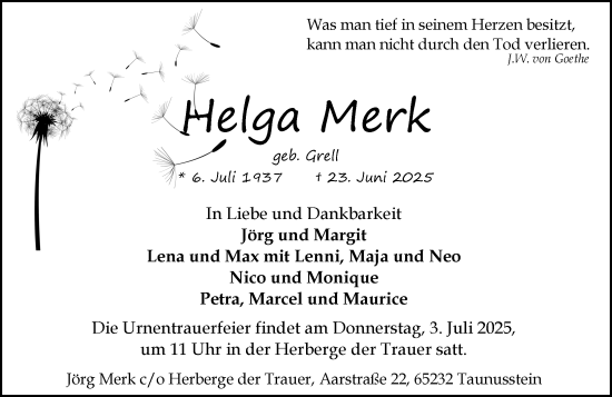 Traueranzeige von Helga Merk von Idsteiner Land/Untertaunus
