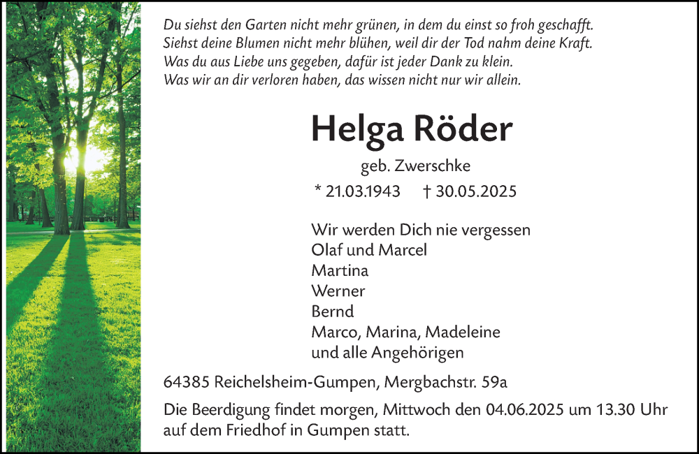  Traueranzeige für Helga Röder vom 03.06.2025 aus Odenwälder Echo