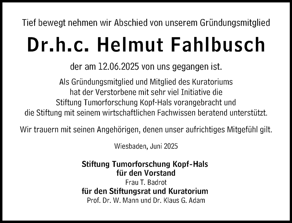  Traueranzeige für Helmut Fahlbusch vom 26.06.2025 aus Wiesbadener Kurier