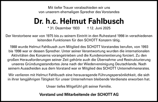 Traueranzeige von Helmut Fahlbusch von Wiesbadener Kurier