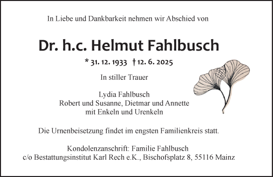 Traueranzeige von Helmut Fahlbusch von Wiesbadener Kurier