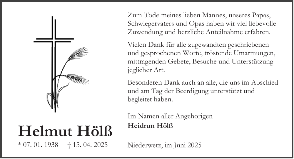  Traueranzeige für Helmut Hölß vom 21.06.2025 aus Wetzlarer Neue Zeitung