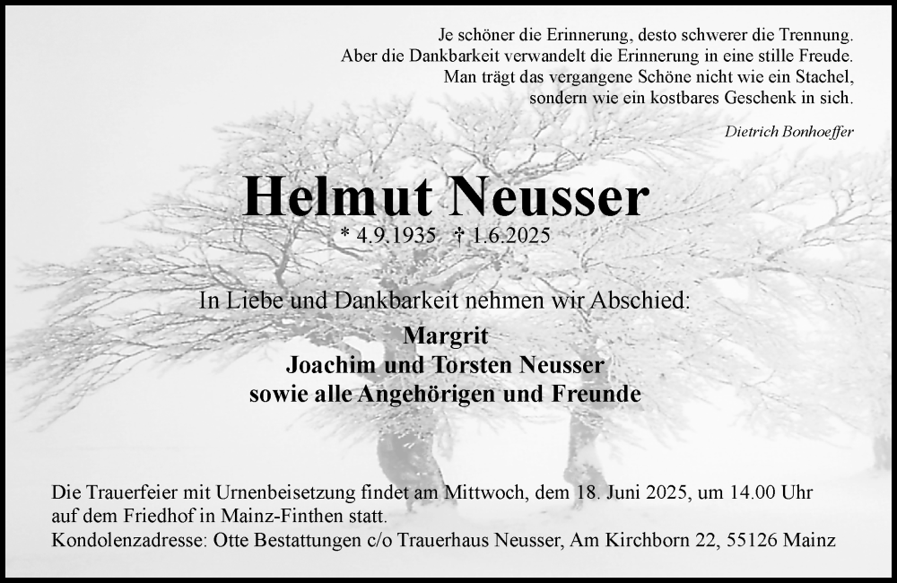  Traueranzeige für Helmut Neusser vom 07.06.2025 aus Allgemeine Zeitung Mainz