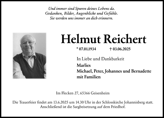Traueranzeige von Helmut Reichert von Wiesbadener Kurier