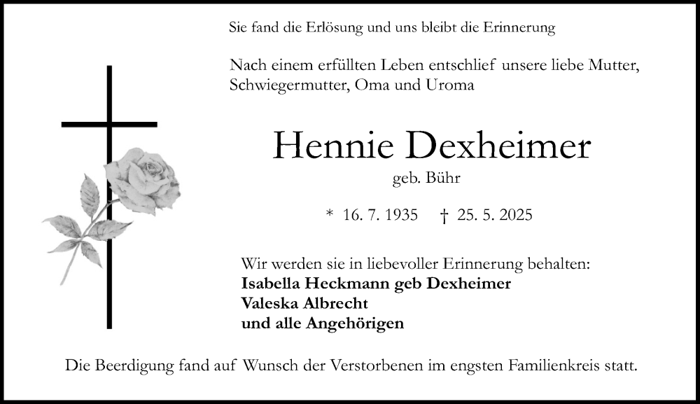  Traueranzeige für Hennie Dexheimer vom 07.06.2025 aus Darmstädter Echo