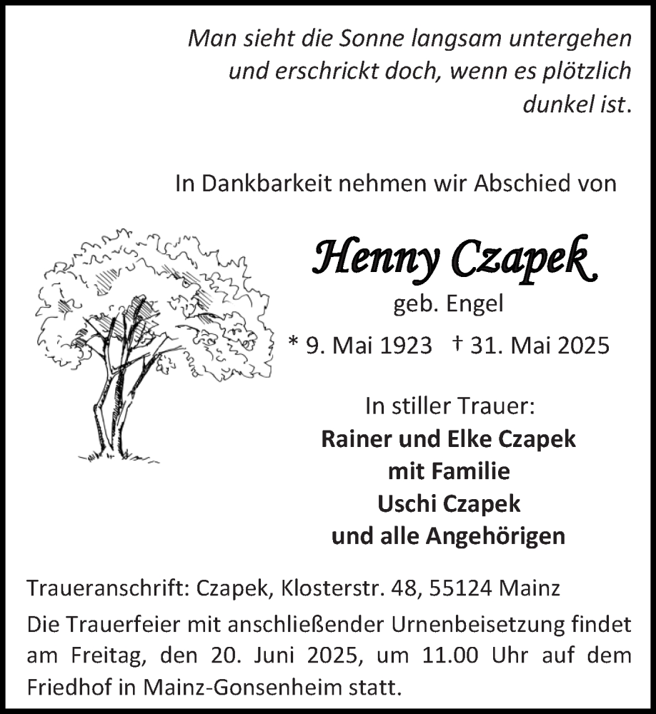  Traueranzeige für Henny Czapek vom 14.06.2025 aus Allgemeine Zeitung Mainz