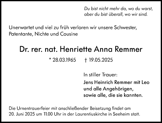 Traueranzeige von Henriette Anna Remmer von Darmstädter Echo