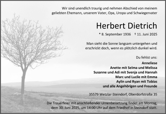 Traueranzeige von Herbert Dietrich von Wetzlarer Neue Zeitung
