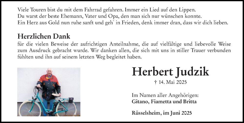  Traueranzeige für Herbert Judzik vom 28.06.2025 aus Rüsselsheimer Echo
