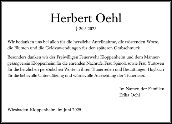 Traueranzeige von Herbert Oehl von Wiesbadener Kurier